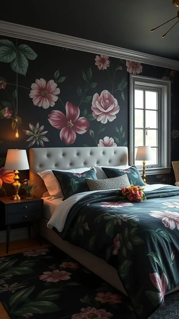 Midnight Garden Elegance Dark Walls with Lush Floral Patterns
