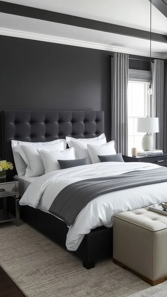 Sleek Charcoal Retreat Tufted Elegance with Statement Lighting
