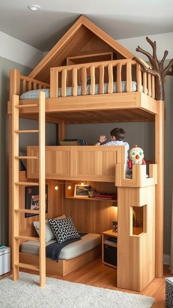 Treehouse-Style Loft Bed with Secret Play Area