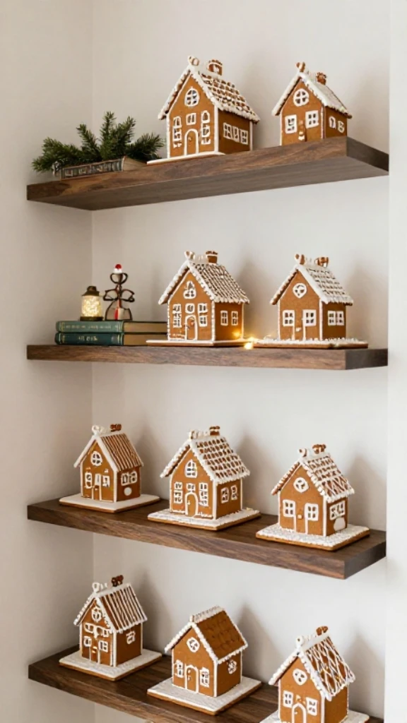 Display Mini Gingerbread Houses on Floating Shelves