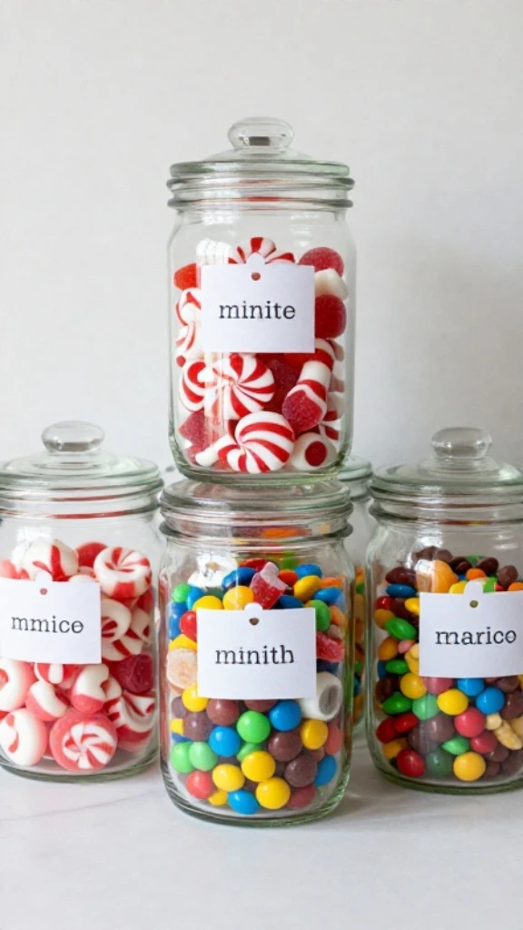 Fill Glass Jars with Gingerbread House Candy Decorations