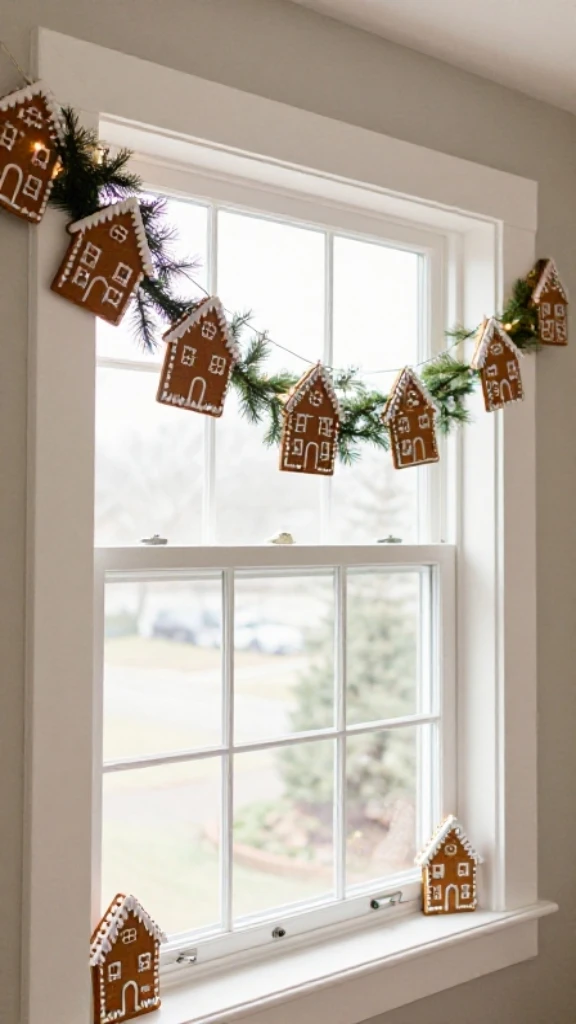 String Gingerbread House Garland Across Windows