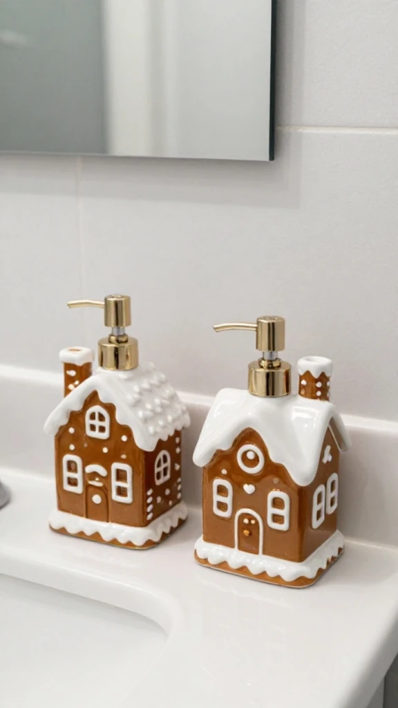 Style Bathroom Counters with Gingerbread House Soap Dispensers