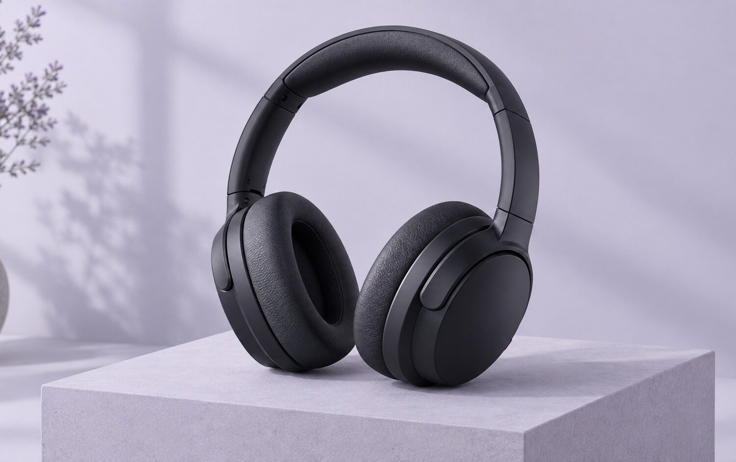 Dunkler Over-Ear-Kopfhörer auf einer hellen Fläche