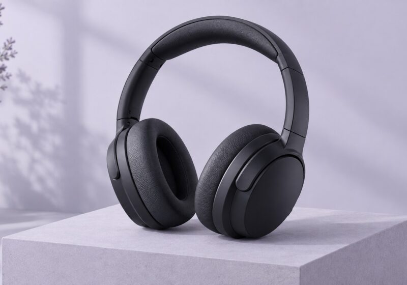 Dunkler Over-Ear-Kopfhörer auf einer hellen Fläche