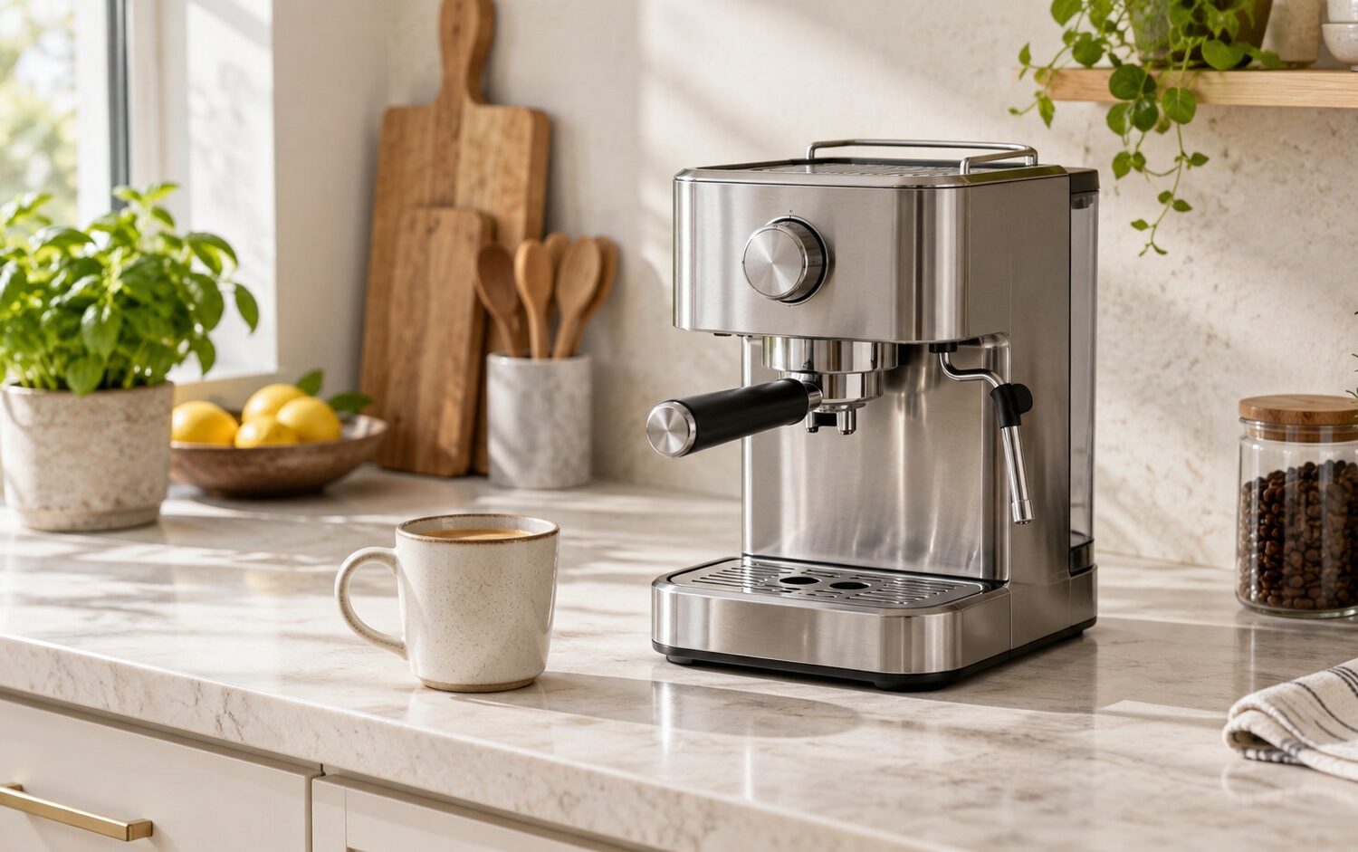 Espressomaschine auf einer hellen Küchenarbeitsplatte