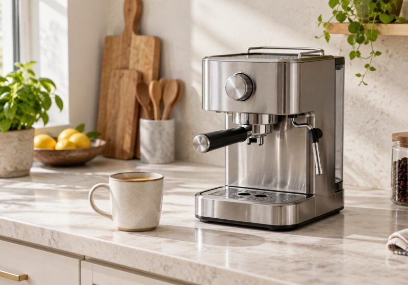Espressomaschine auf einer hellen Küchenarbeitsplatte