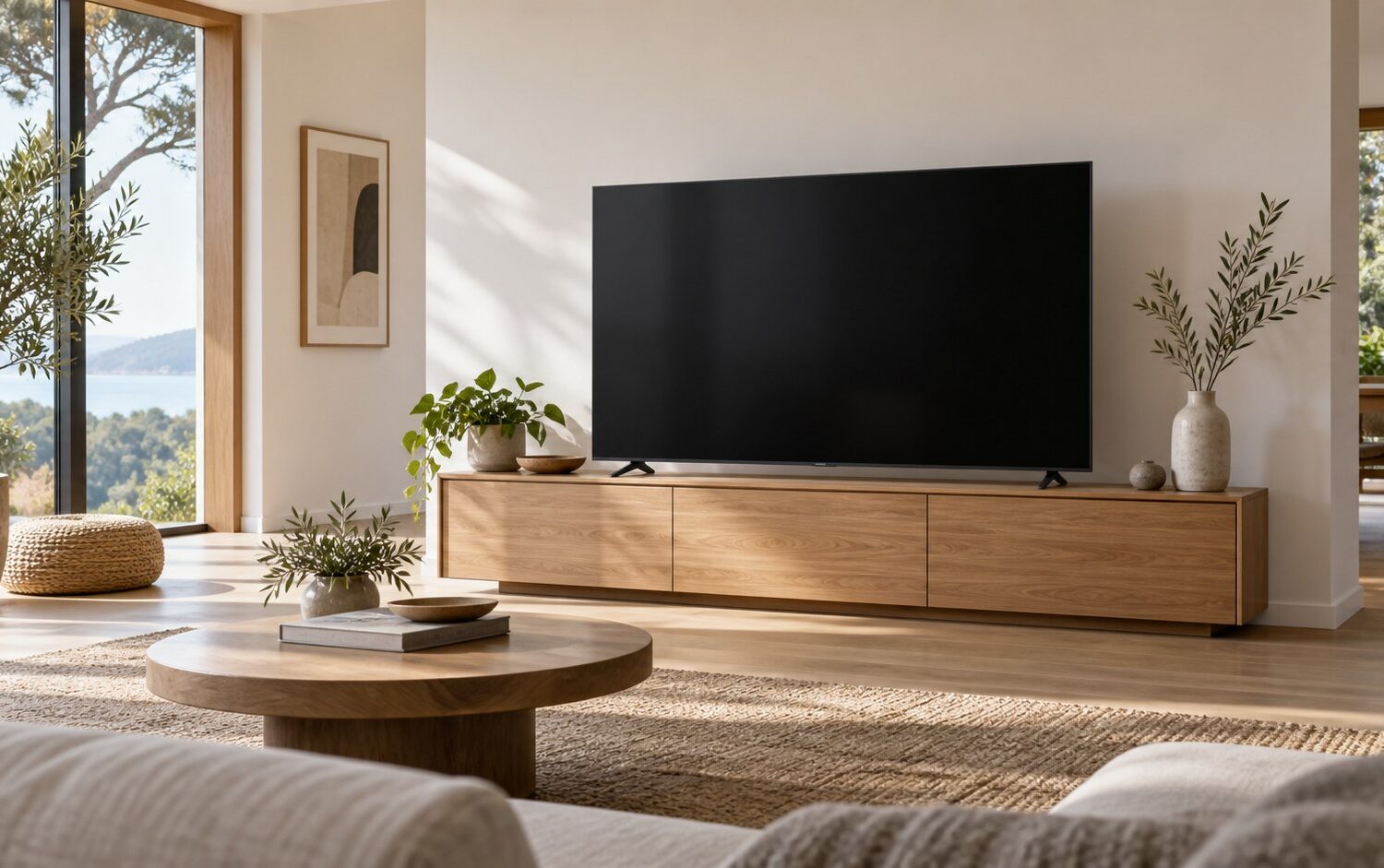 Heller Wohnraum mit Fernseher auf einer Holzkonsole