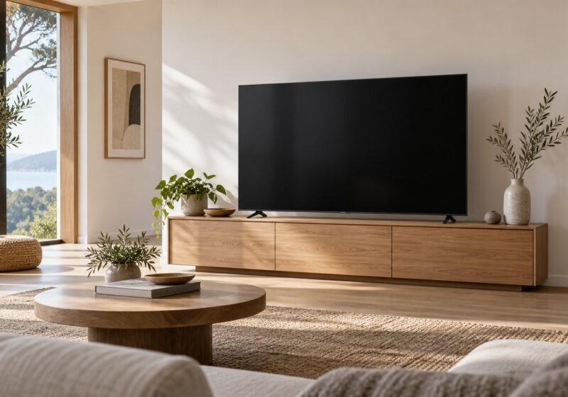 Heller Wohnraum mit Fernseher auf einer Holzkonsole